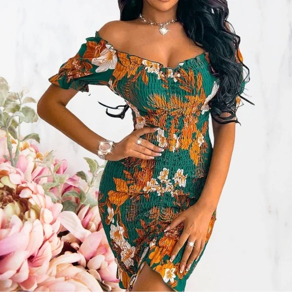 PrettyGarden | Dresses | Pretty Garden Green Floral Off The Shoulder Bodycon  Smocked Dress Size S | Poshmark